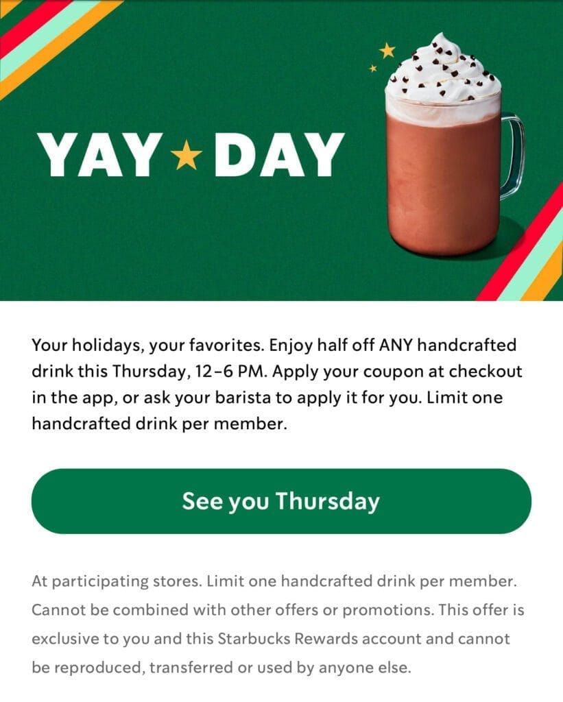 Yay Day At Starbucks %50 Off Any Handcrafted Drink (11/30)