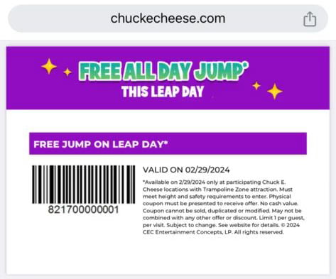 Free All Day Jump Pass At Chuck E. Cheese On February 29Th