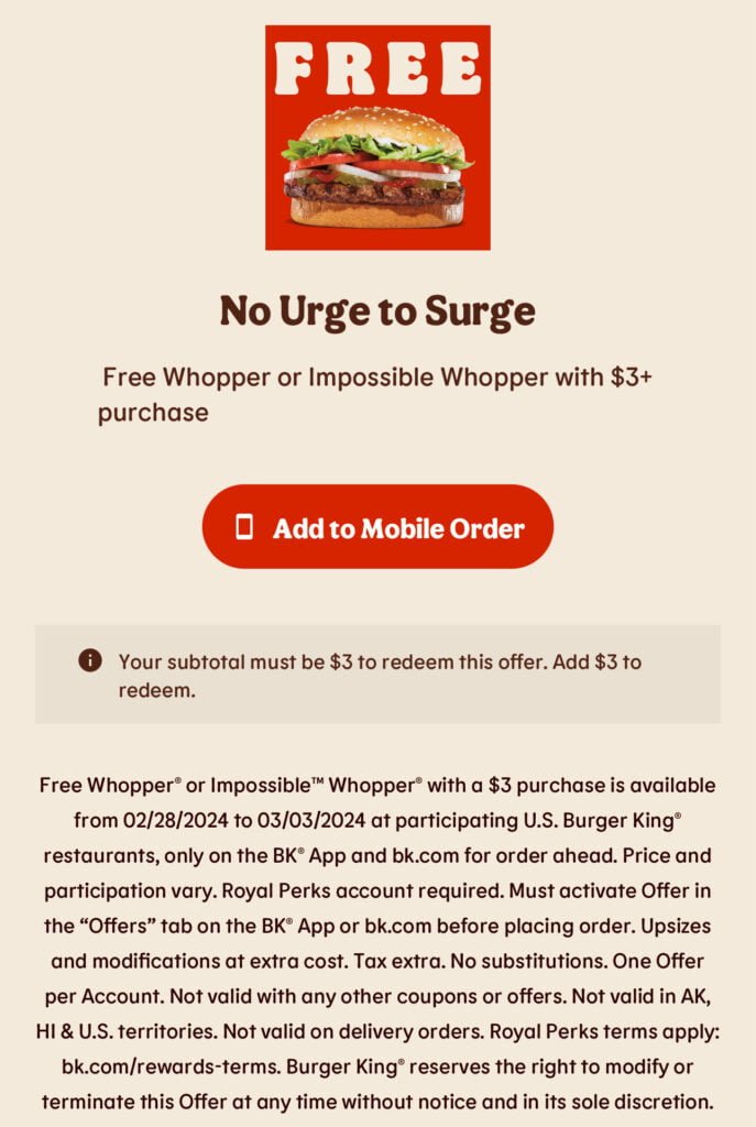 Free Whopper At Burger King! (Ends 3/3)