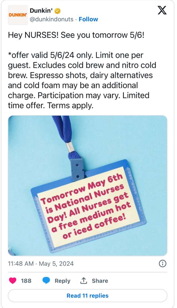 Free Medium Hot Or Iced Coffee At Dunkin’ For Nurses Today