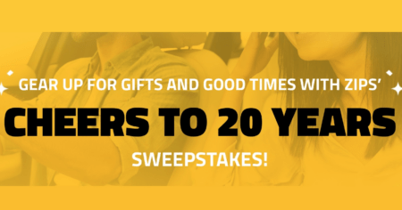 Enter The Cheers To 20 Years Sweepstakes For The Chance To Win A 3 Month Unlimited Car Wash Membership From Zips. &Nbsp;Approximate Value Of $45.&Nbsp;