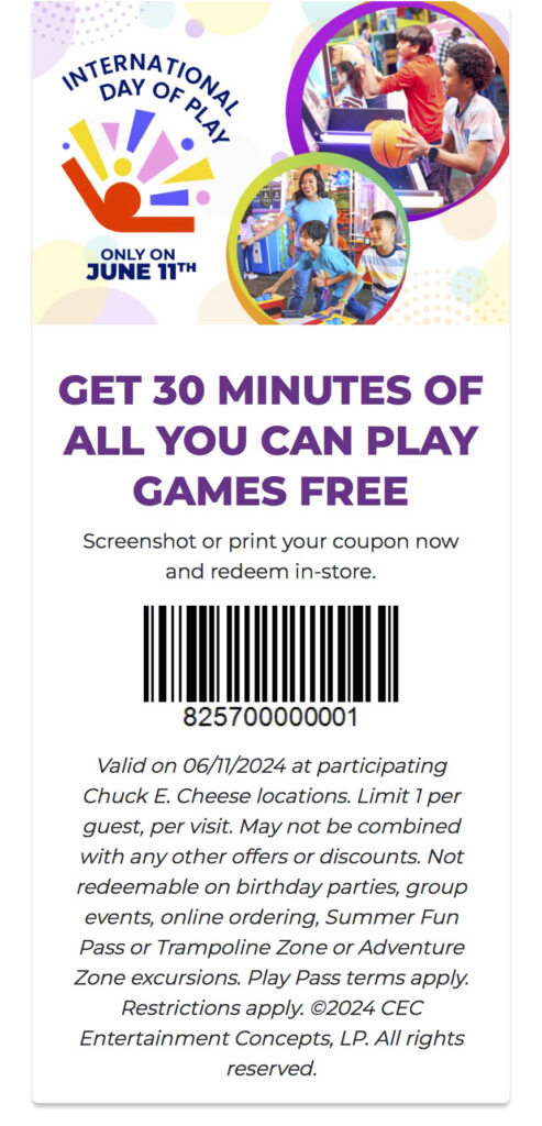 Free 30-Min Play At Chuck E. Cheese On June 11&Nbsp;