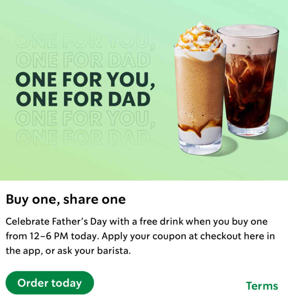 Celebrate Father’s Day At Starbucks With Bogo Free Drink