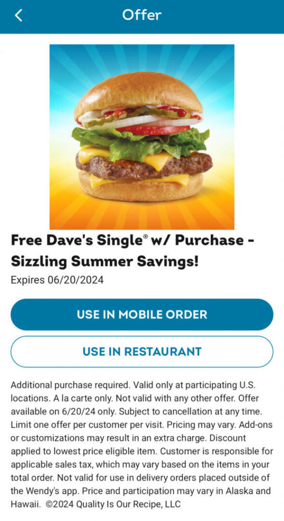 Free Dave’s Single At Wendy’s — Today Only