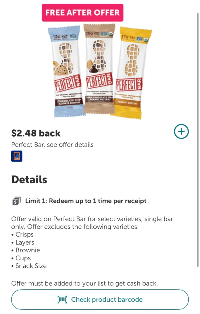 Score A Free Perfect Bar At Aldi With Ibotta Cashback!