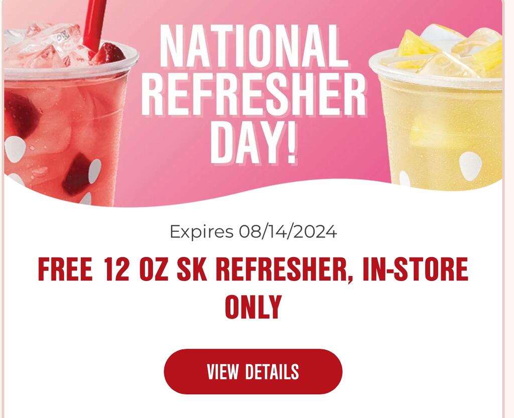 Free 12 Oz. Refresher At Smoothie King Today August 14Th!