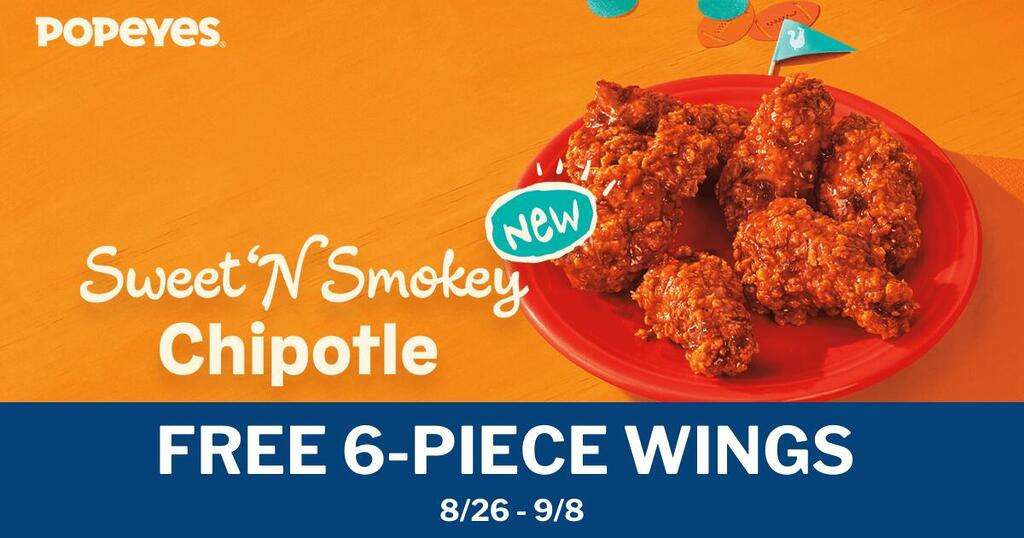 Get A Free 6-Piece Wings At Popeyes With $10 Purchase!