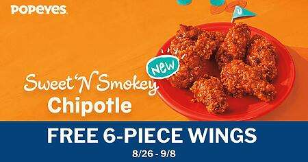 Get A Free 6-Piece Wings At Popeyes With $10 Purchase!