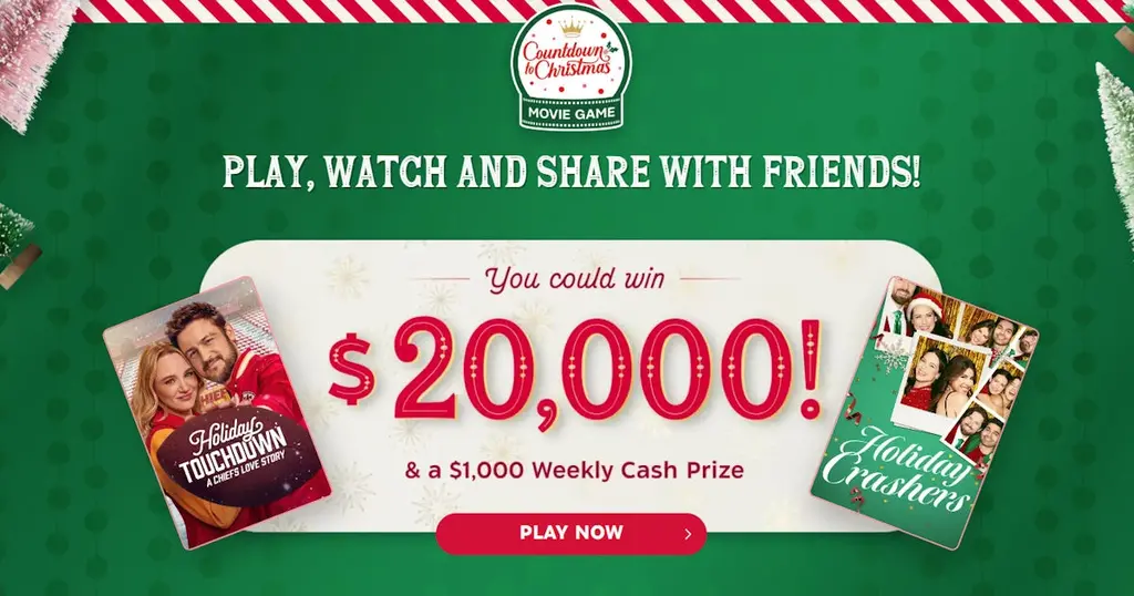 Win $20,000 Or $1,000 Weekly Prizes In The Hallmark Channel Countdown To Christmas Movie Game Sweepstakes!