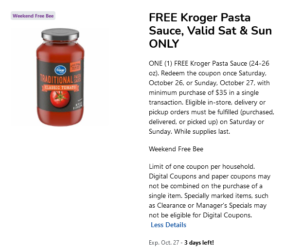 Free Kroger Pasta Sauce – This Weekend Only (October 26-27)!