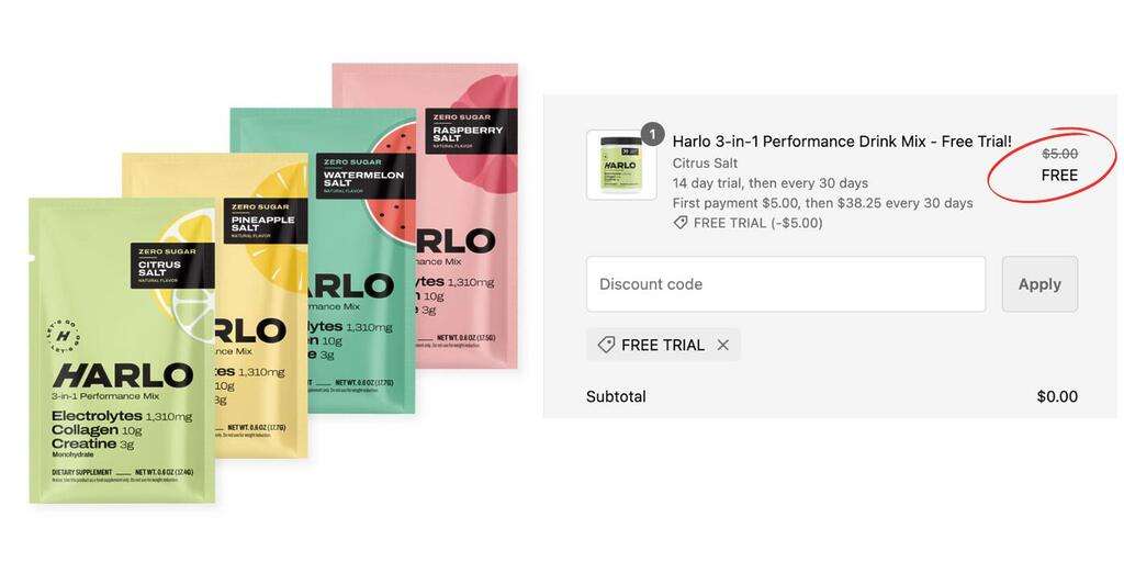 Try Harlo 3-In-1 Performance Drink Mix – Free Trial + 36% Off Monthly Subscription!