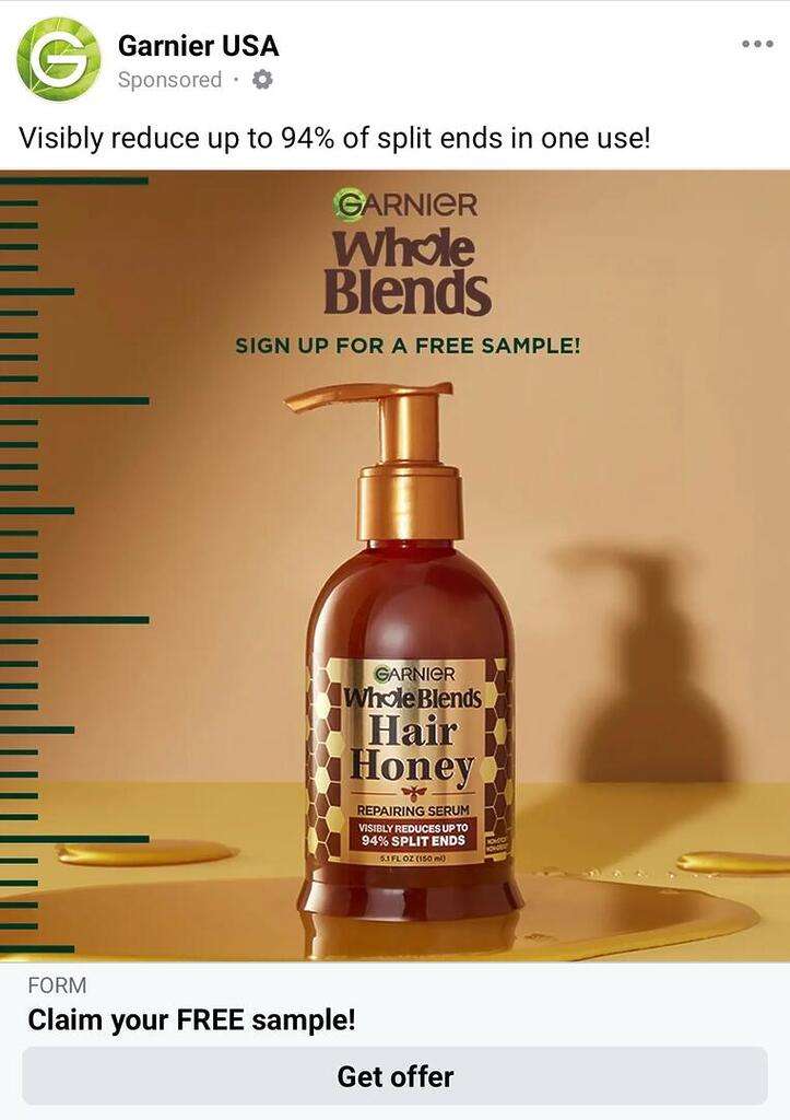 Free Garnier Whole Blends Honey Repairing Serum Sample