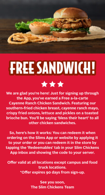 Get A Free Cayenne Ranch Chicken Sandwich At Slim Chickens!