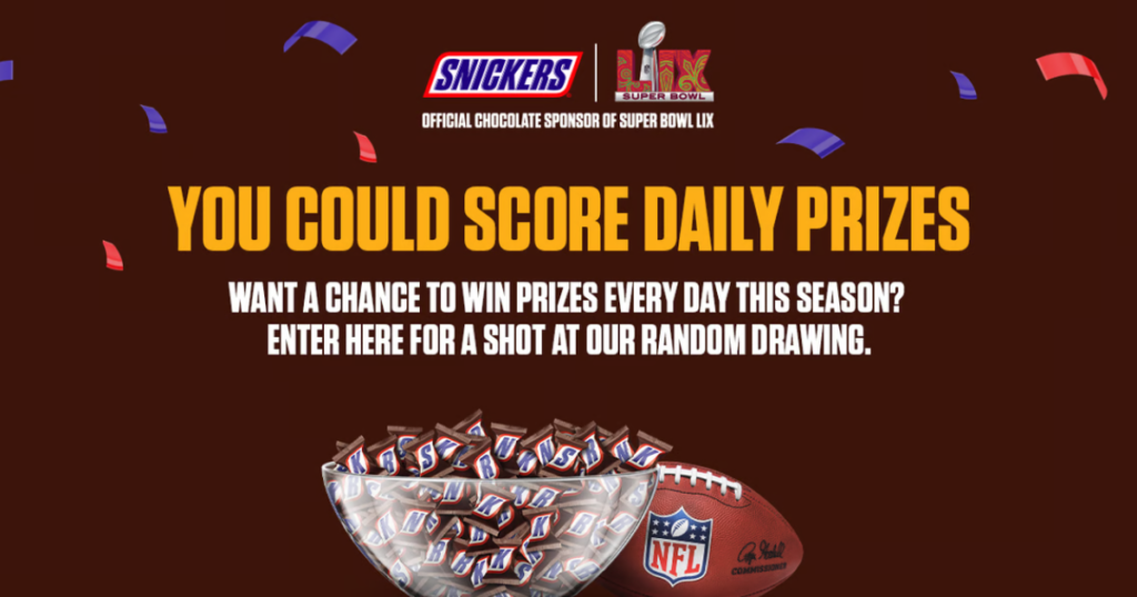 Calling All Football Fans And Snickers Lovers! The Snickers Super Bowl Daily Sweepstakes Is Your Chance To Win Incredible Prizes Every Day Leading Up To The Big Game. With Nfl Gear, Snickers Products, And Even Hand-Painted Nfl Jerseys Up For Grabs, This Sweepstakes Is A Touchdown For Anyone Who Enters.