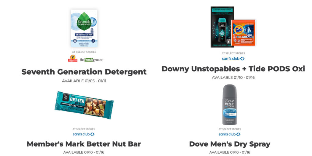 From 01/10/2025 To 01/16/2025, Sam’s Club Freeosk Locations Are Offering An Exciting Lineup Of Free Samples! Grab A Dove Men’s Dry Spray, Downy Unstopables + Tide Pods Oxi, And A Member’s Mark Better Nut Bar—All For Free!